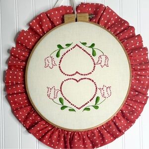Handmade Vintage Embroidery Framed Hoop Hearts Ruffle Trim Grandma Cottage Core